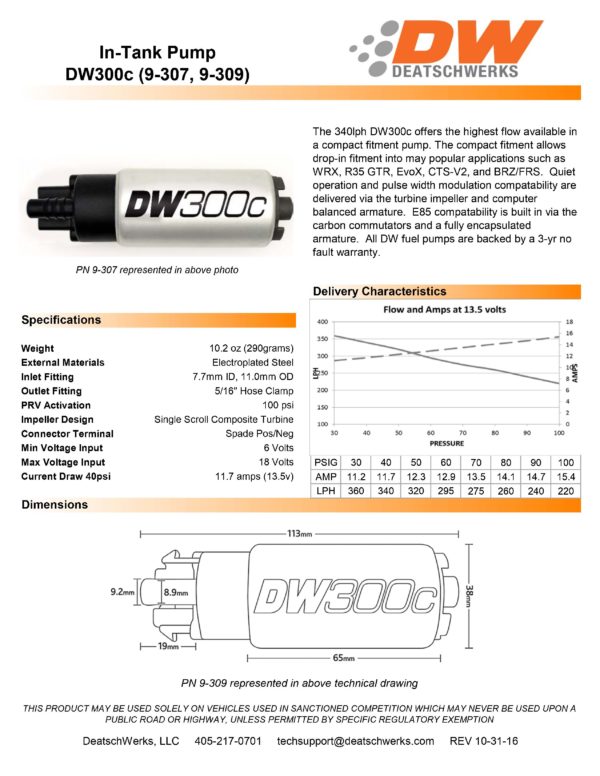 DW300c polttoainepumppu Subaru BR-Z / Toyota GT86, Deatschwerks-3