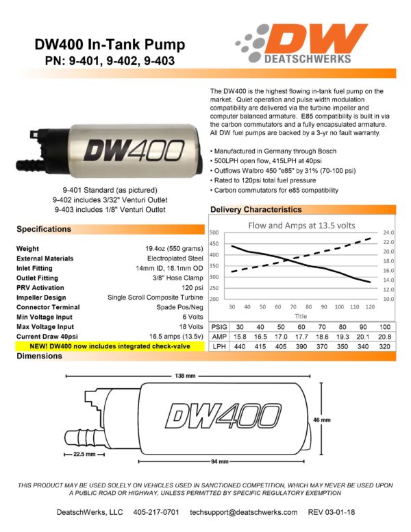 Deatschwerks DW400 (415lph) polttoainepumppu, universaali-2